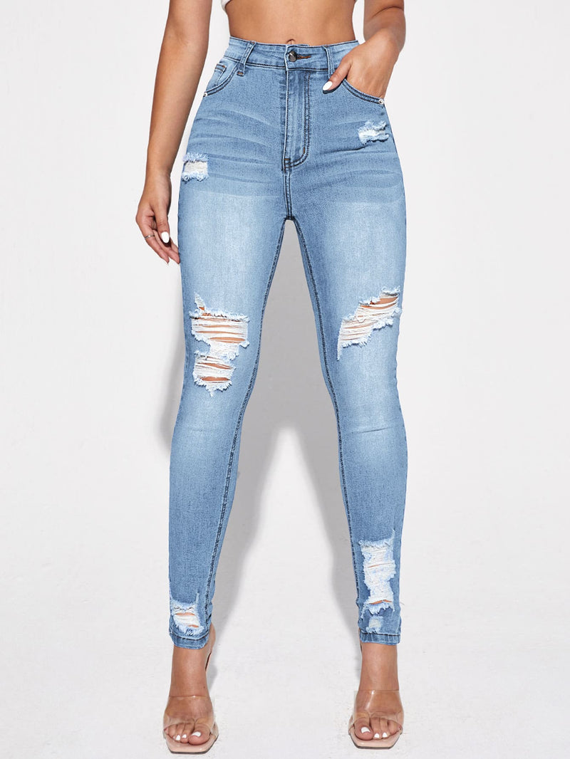 Skinny Jeans Cut Out Ripped with Raw Hem