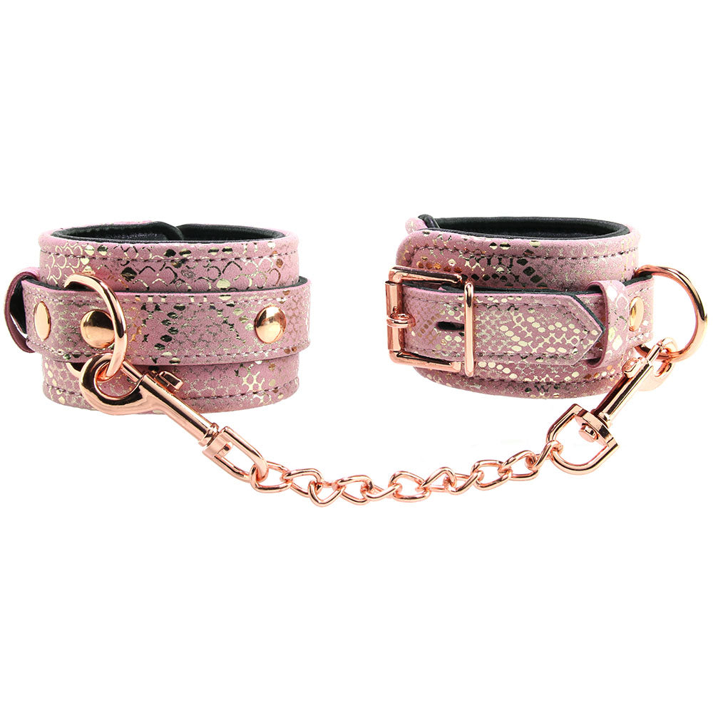 Locking Leather Wrist Restraint Cuffs In Pink Snake Print Spart