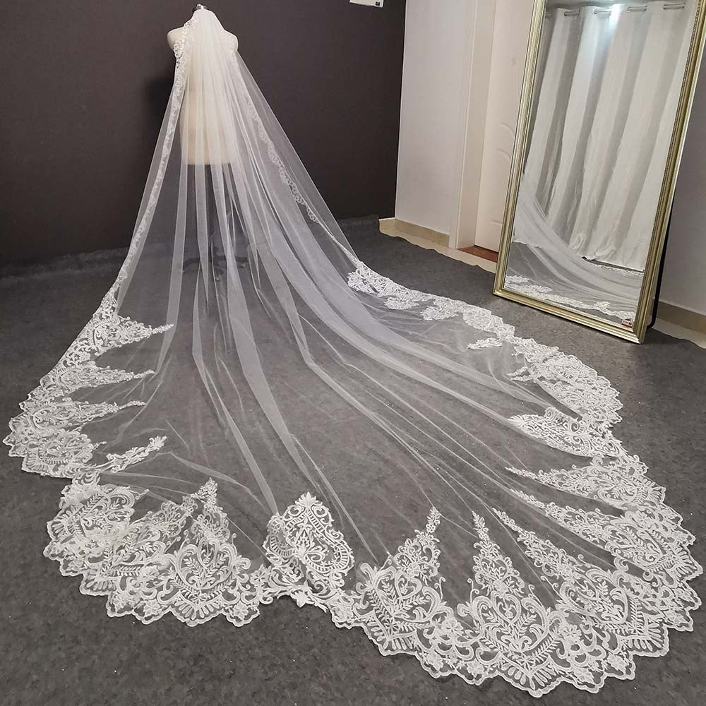 lookof Designer Cathedral Length Wedding Veil with Lace Applique and Tulle - 3M Long for Women's Wedding Hair with Veil