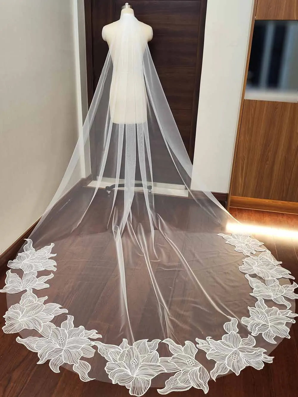 Romantic White Tulle Cathedral Veil with Pearl Beaded Edge – BestWeddingVeil