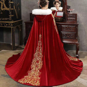 Wrap Velvet Bridal Cape Floor Length Faux Fur Edge Hood - Tulle Lux Bridal Company