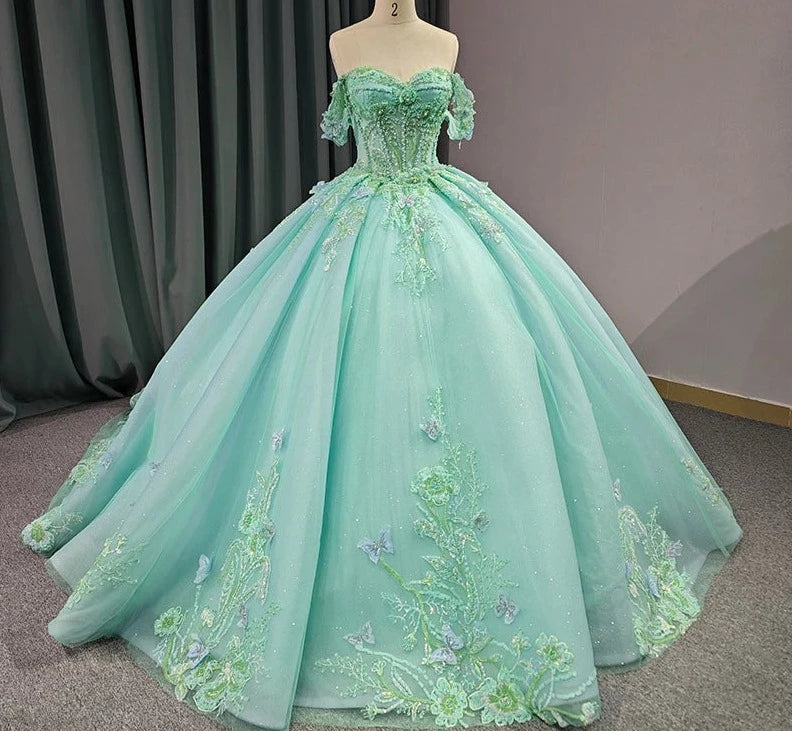 A line Off Shoulder Sleeve Apple Green Prom Dress – daisystyledress