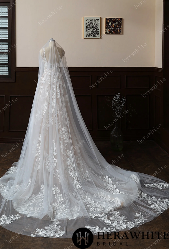 HW Veil Garden Inspired Lace Edged Cathedral Length Bridal Veil