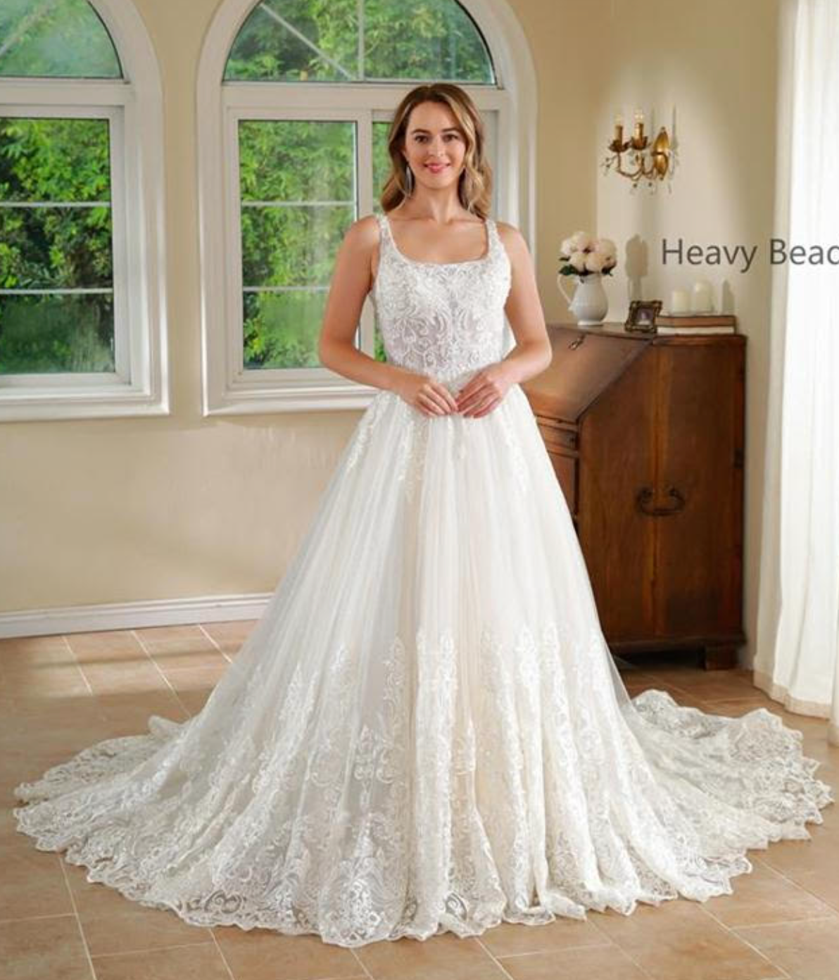 Square Neckline Wedding Dress with Delicate Leafy Lace – TulleLux Bridal  Crowns & Accessories