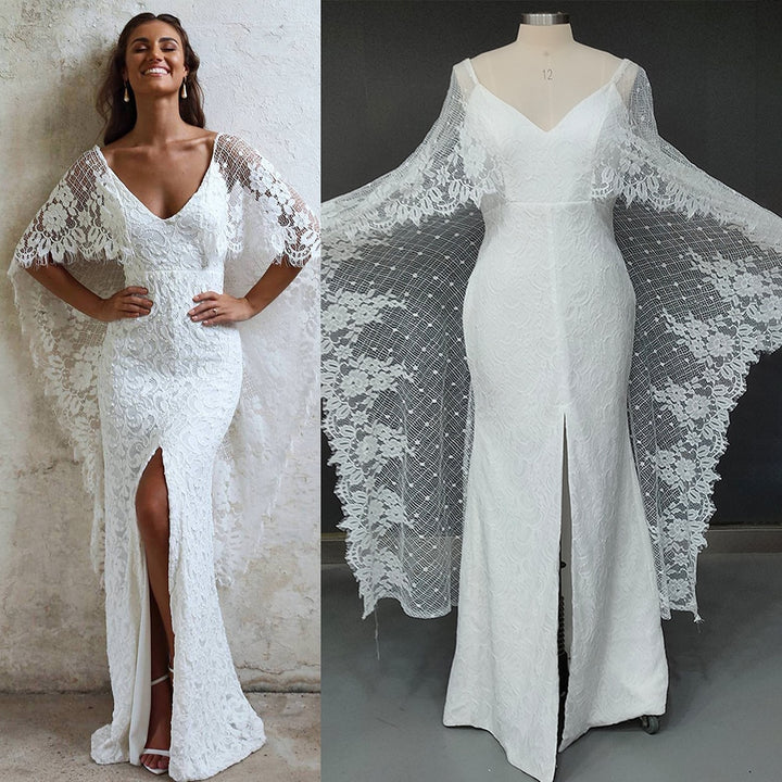Crepe Satin Lace Deep V Mermaid Slip Bridal Wedding Dress
