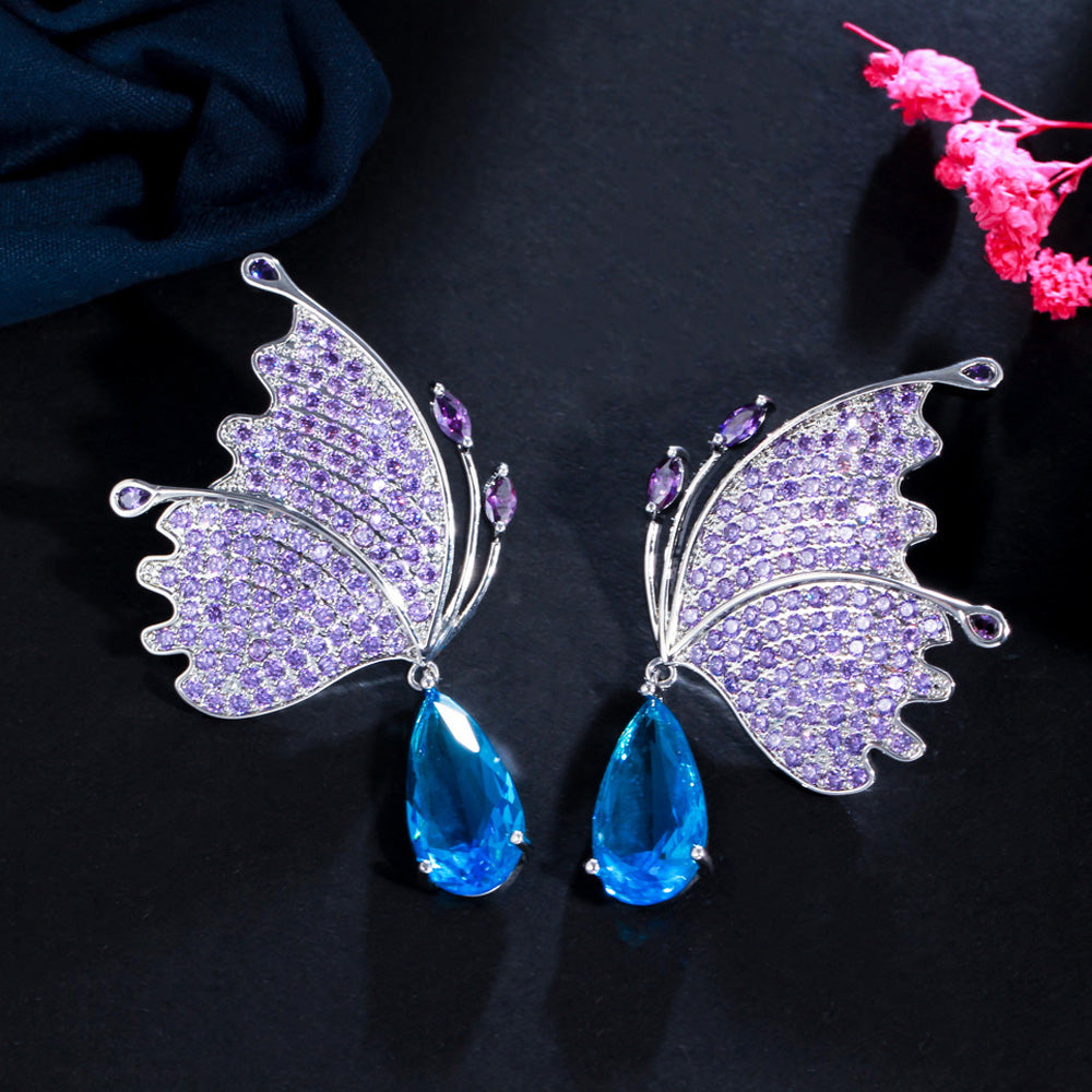 Micro Pave Cubic Zirconia Purple Red Long Butterfly Drop Earrings