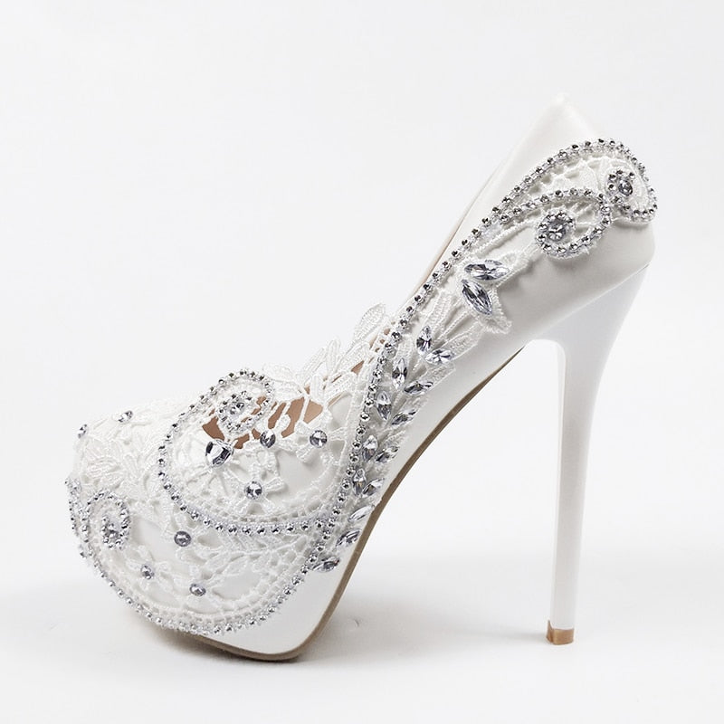 Super High Heel White Flower Wedding Bridal Party Shoes – TulleLux ...