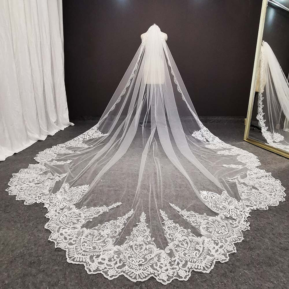 FantasyBride Store Luxurious White Ivory 5M Cathedral Long Voile Soft Lace Wedding Bridal Veil White / 500cm