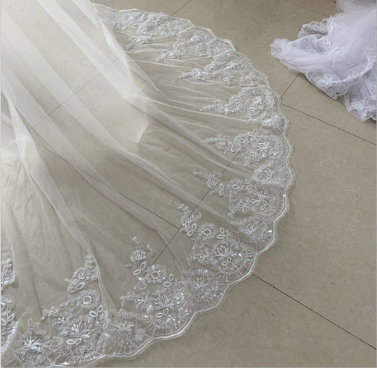 FantasyBride Store White Ivory 1 Layer Lace Cathedral Wedding Bridal Veil Ivory / 350cm/137 inch