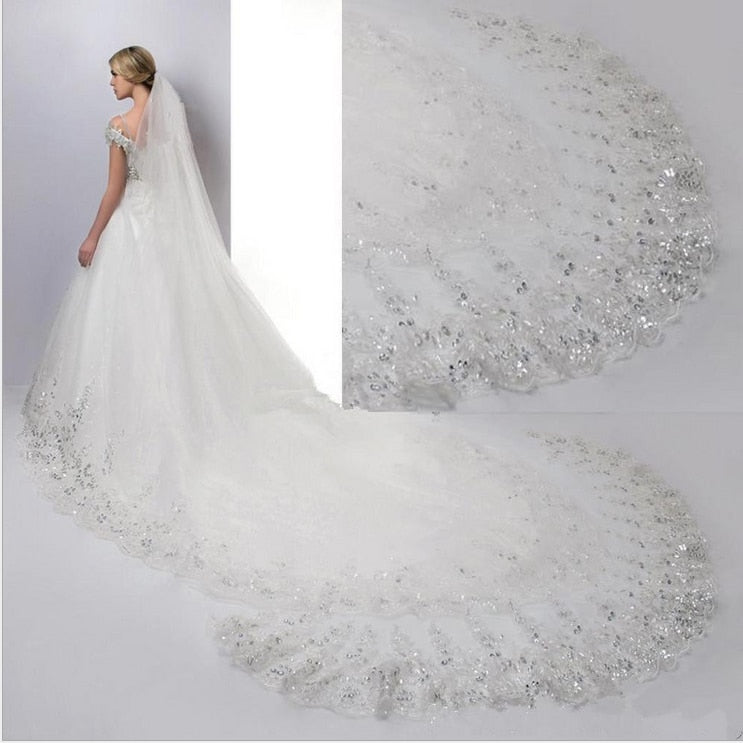 FantasyBride Store White Ivory 1 Layer Lace Cathedral Wedding Bridal Veil Ivory / 350cm/137 inch