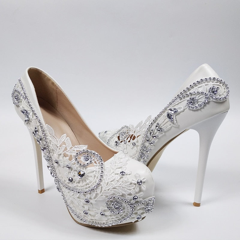 Super High Heel White Flower Wedding Bridal Party Shoes – TulleLux ...