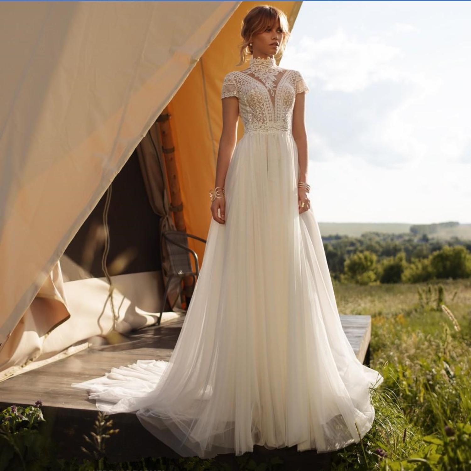 Boho Lace Tulle High Neck Wedding Dress A-Line Vintage Bohemian Bridal