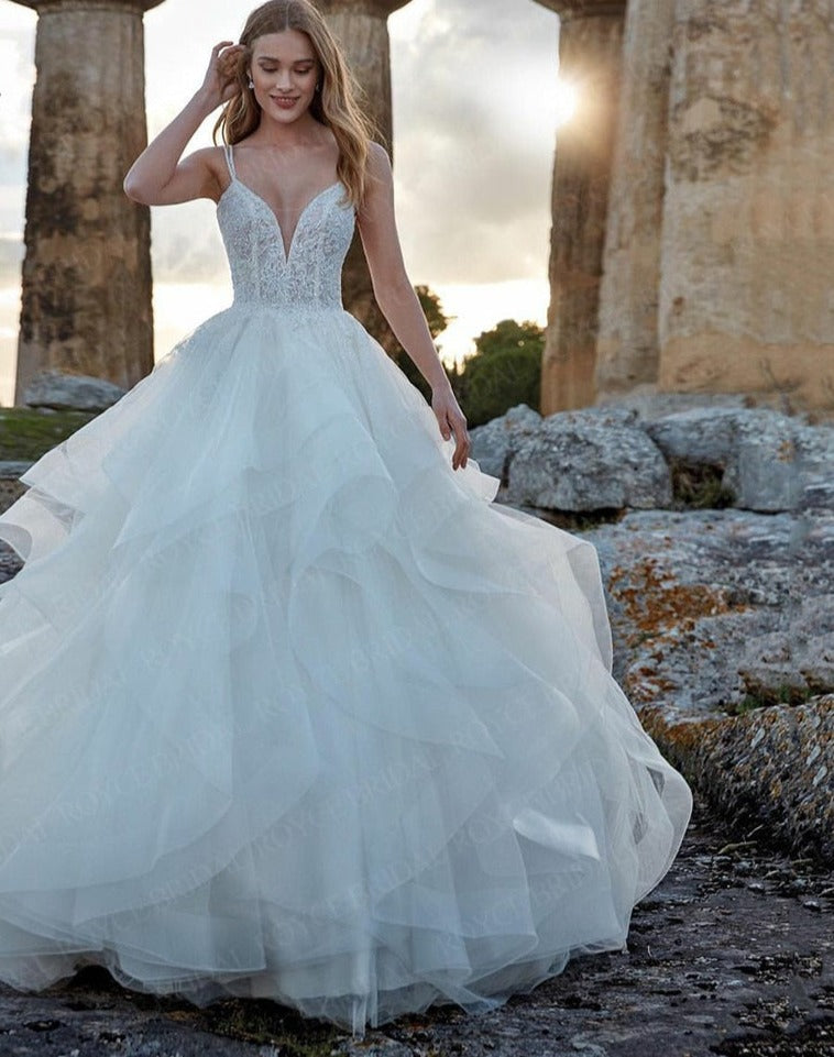 Spaghetti Strap Lace Wedding Dress With V Neckline Tulle Bridal Gown –  TulleLux Bridal Crowns & Accessories