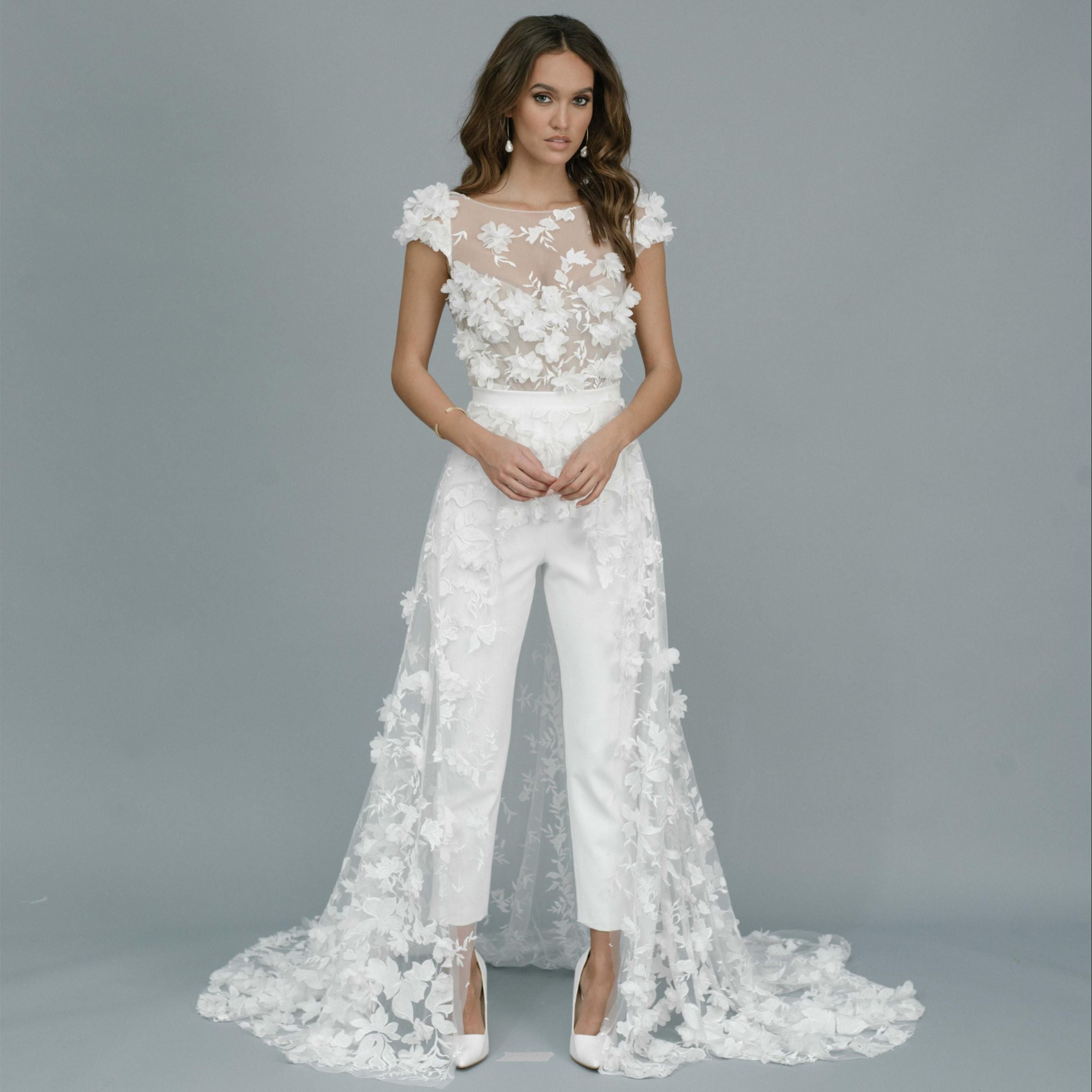 Wedding Jumpsuit with Long Train 3D Floral Backless Bridal Pant Suit