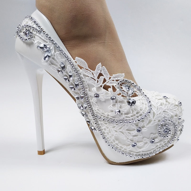 Super High Heel White Flower Wedding Bridal Party Shoes – TulleLux ...