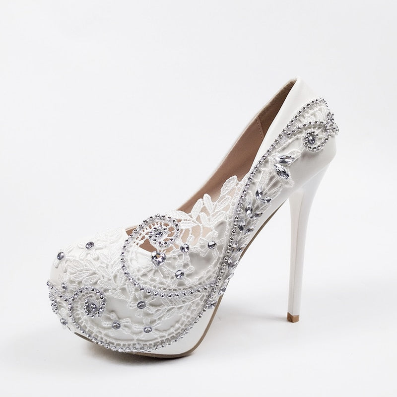 Super High Heel White Flower Wedding Bridal Party Shoes – TulleLux ...