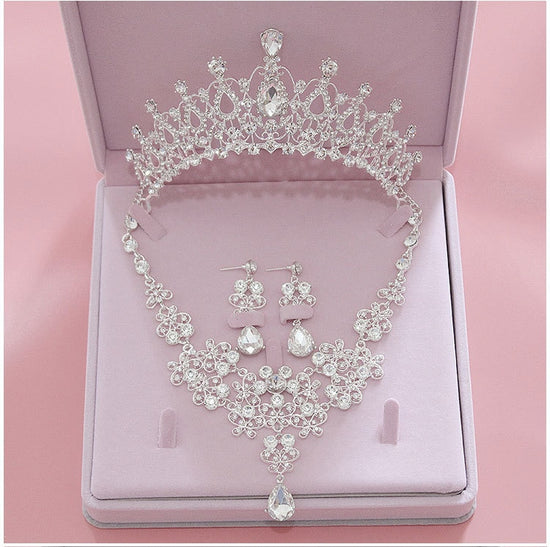 Cenmon Pink Crystal Tiara Jewelry Sets for Girls Party Crown Earrings Necklace Sets Silver Crown Set