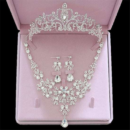 Cenmon Pink Crystal Tiara Jewelry Sets for Girls Party Crown Earrings Necklace Sets Silver Crown Set