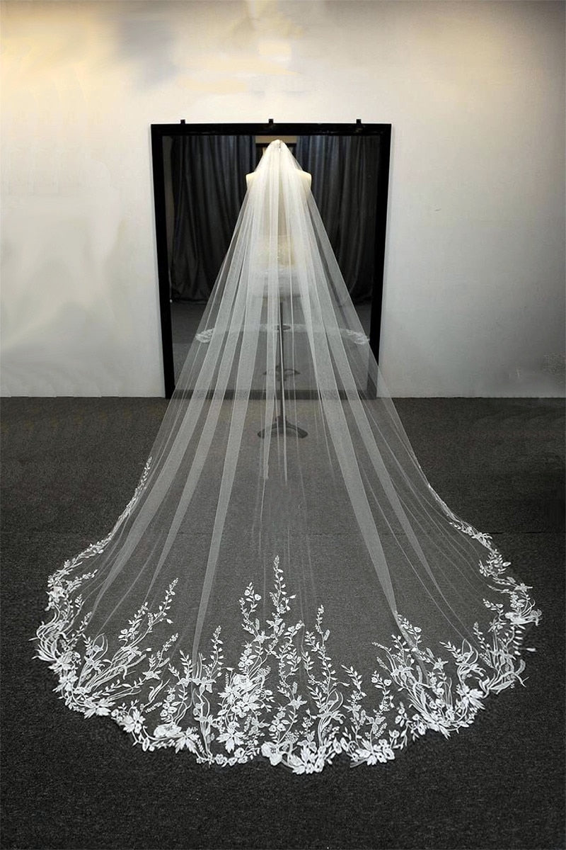 FantasyBride Store White Ivory 1 Layer Lace Cathedral Wedding Bridal Veil Ivory / 350cm/137 inch