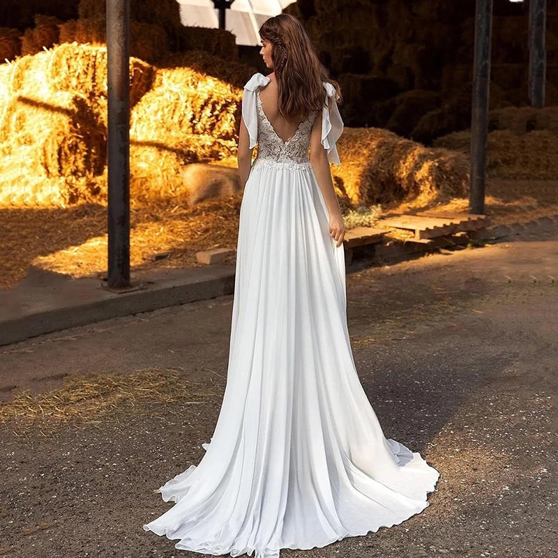 Satin Chiffon A Line Off the Shoulder Sleeve Bohemian Wedding