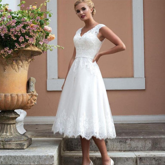 Simple A Line Soft Satin Sleeveless Tea Length Bridal Dress – TulleLux  Bridal Crowns & Accessories