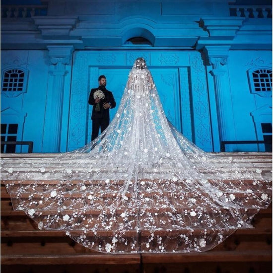 Top Queen V20 Luxury Floral Bridal Veil with Pearls Bridal Cathedral Train Wedding Veil White / 400cm/157 inch