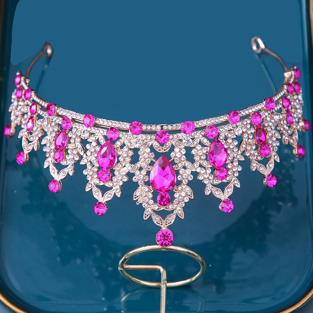 Rose Red Pink Purple Crystal Hair Crown Tiara Princess Rhinestone Hair Ornaments