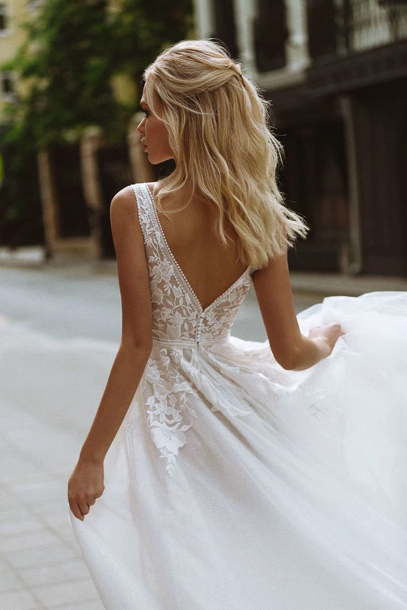 Boho Wedding Dress Deep V-Neck Lace A-Line Tulle Wedding Gown Simple B –  TulleLux Bridal Crowns & Accessories