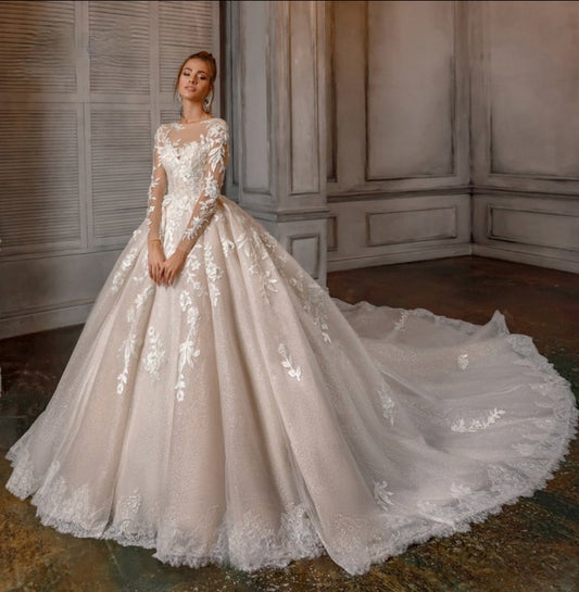 Gorgeous Princess Lace Applique Long Sleeve Wedding Dress, Plus Sizes