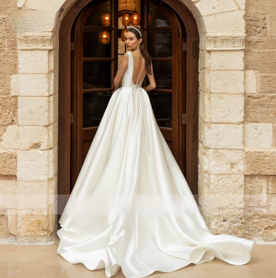 Romantic Matte Satin Scoop Neck Chapel Train A-Line Wedding Bridal Gow –  TulleLux Bridal Crowns & Accessories