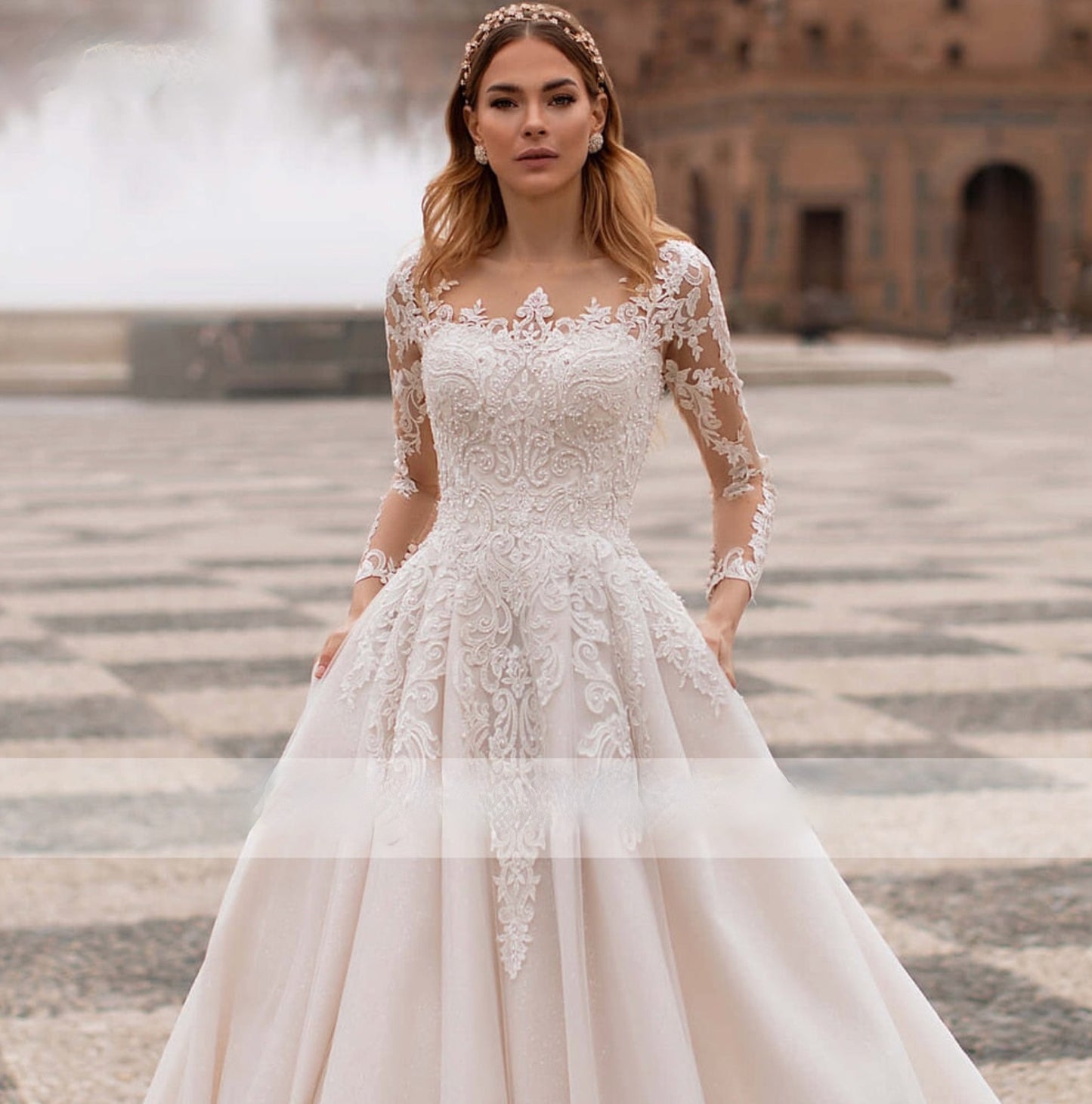 Lace Beaded Bodice Illusion Sleeve Court Train Wedding A-Line Bridal G
