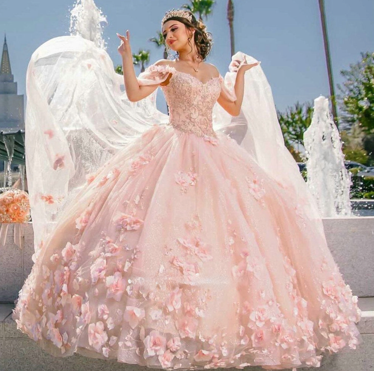 Pink Handmade Flower Princess Ball Gown Quinceańera Dress With Cape Of ...