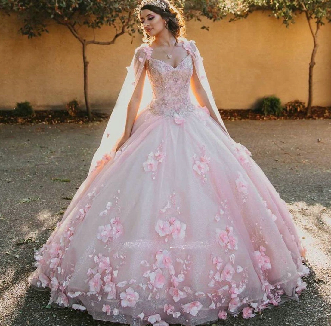 Pink Handmade Flower Princess Ball Gown Quinceańera Dress With Cape Of ...