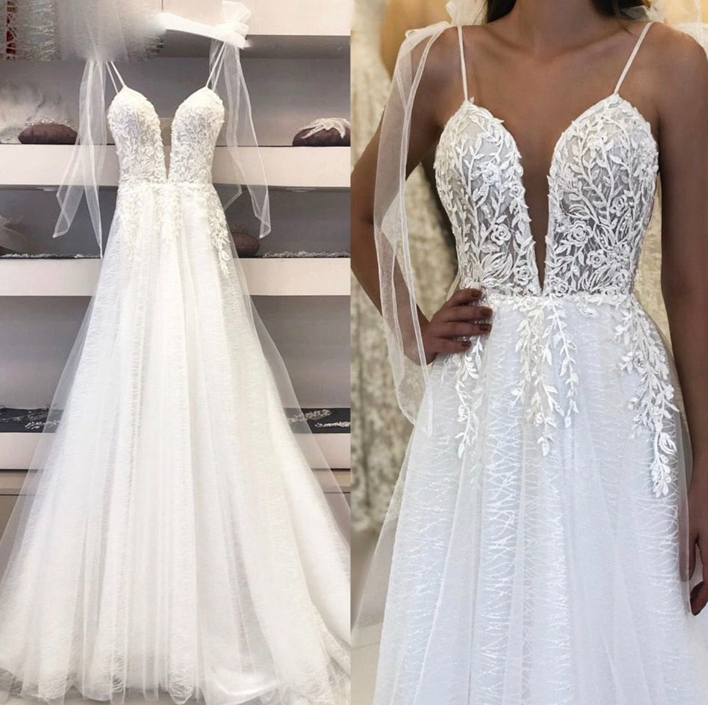 Spaghetti Strap Lace Wedding Dress With V Neckline Tulle Bridal