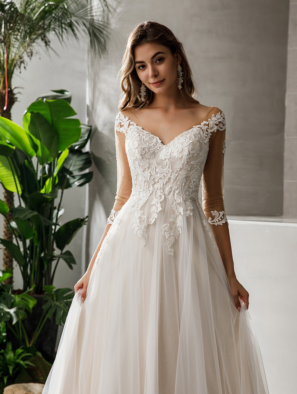 Gorgeous Lace A-line Bridal Gown With 3/4 sleeves – TulleLux Bridal ...