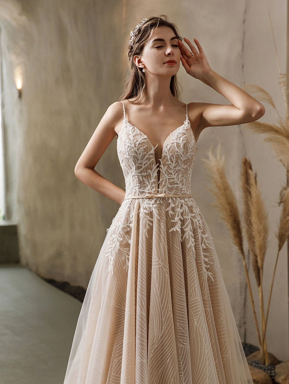 Geometric Lace Fit and Flare Bridal Gown With Sheer Train