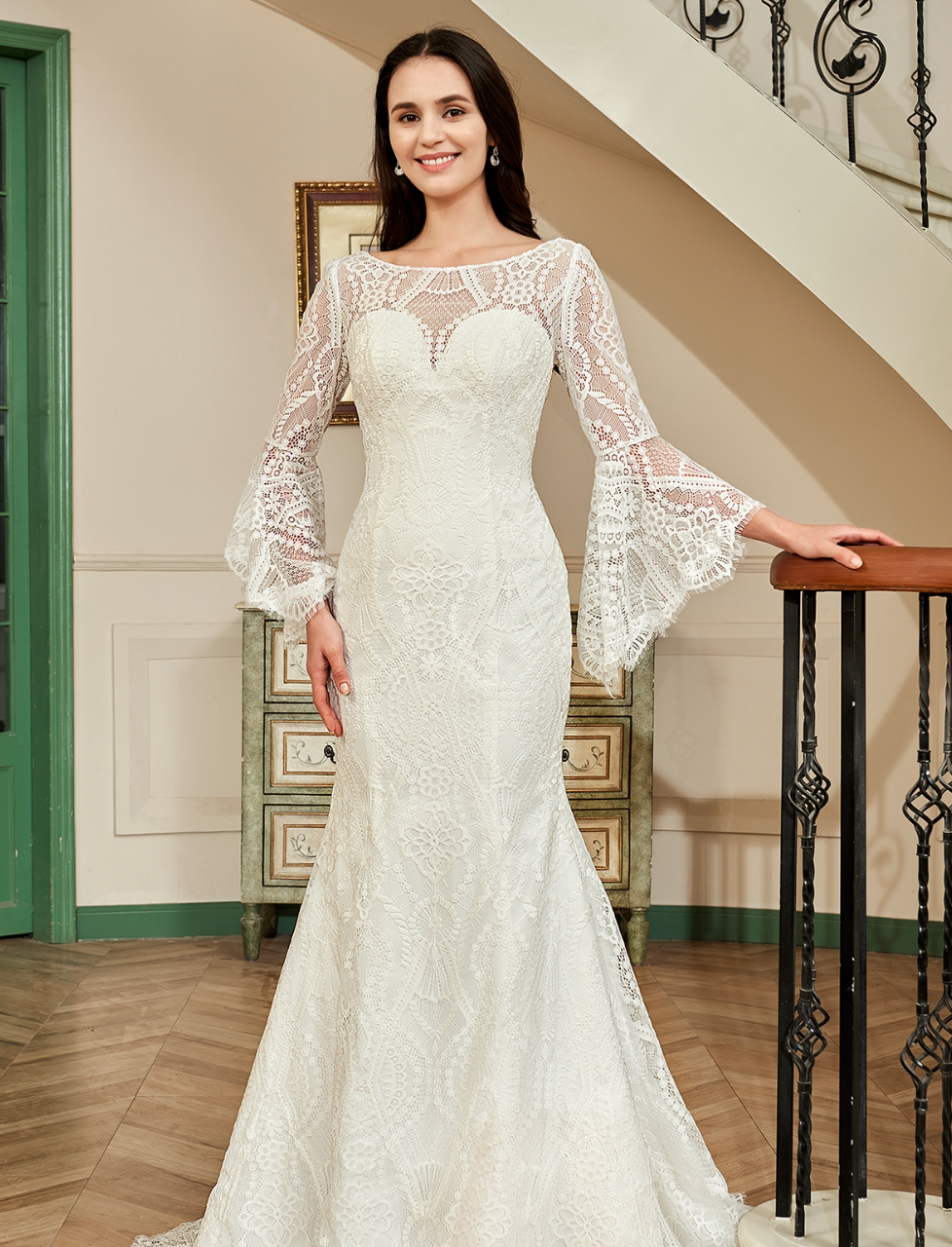 Luxe A1067 Long Sleeve Lace & Floral Wedding Dress with Flowing