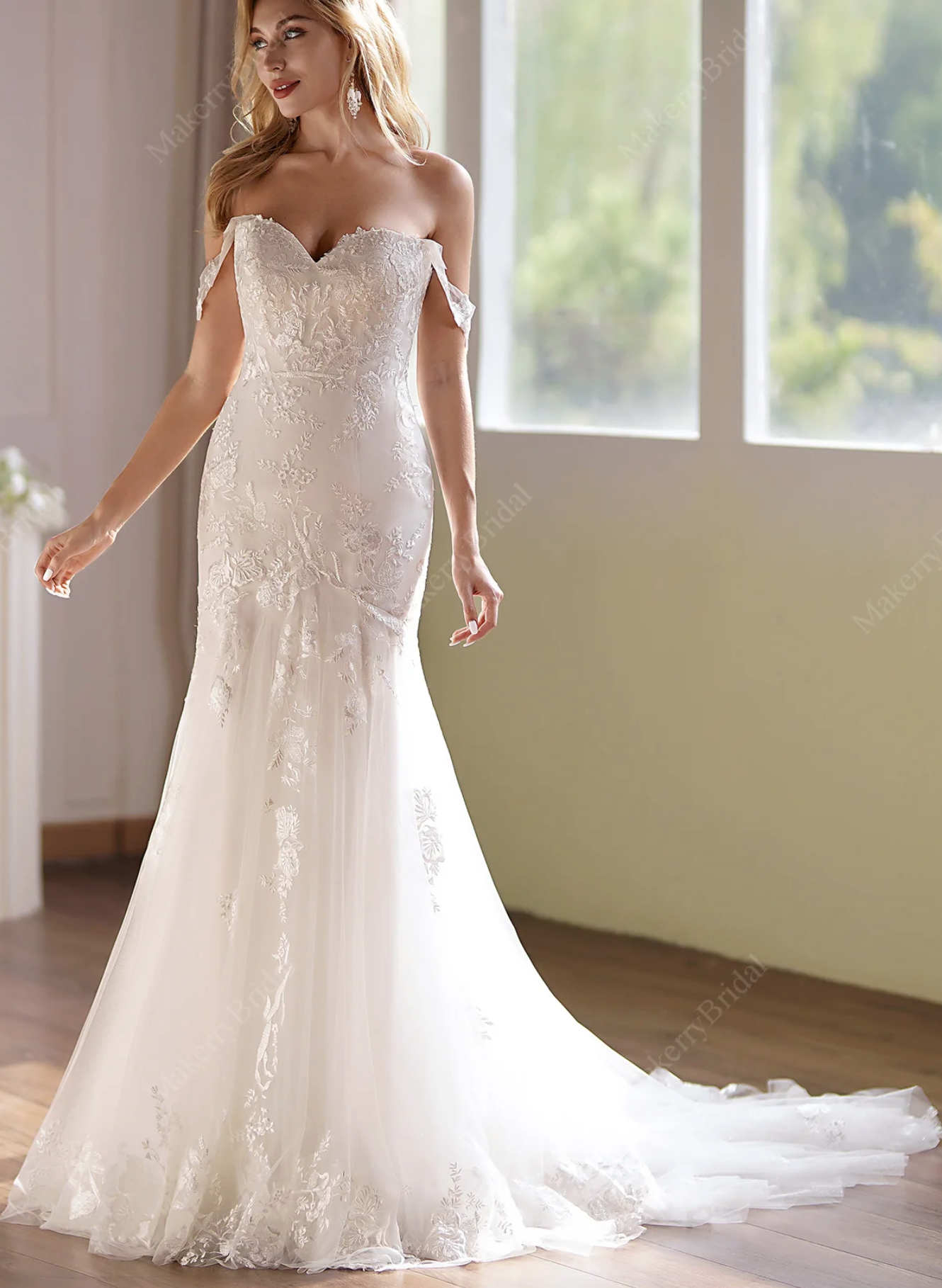 Scalloped Lace Overlay Off-shoulder Mermaid Bridal Gown - VQ