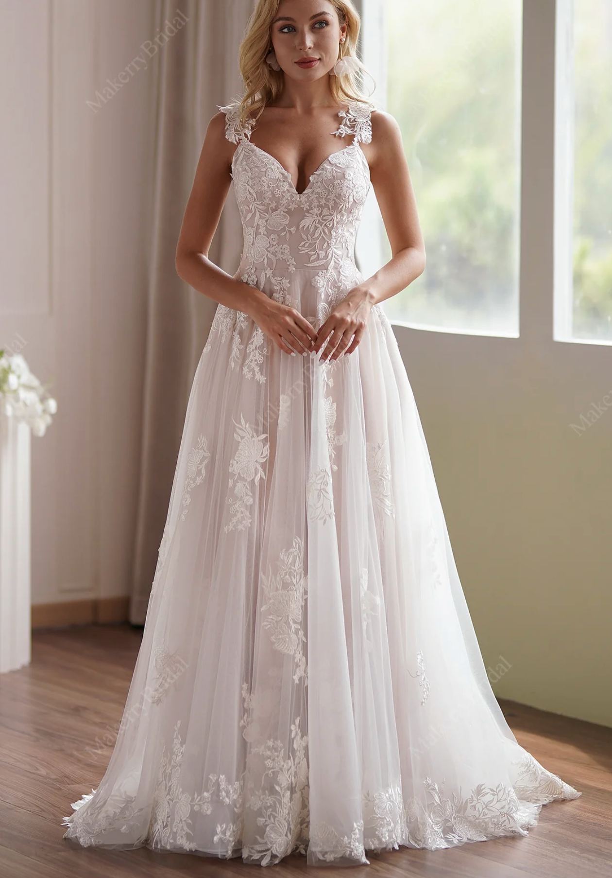 Glamorous Lace Fit-and-Flare Wedding Gown with Plunging Neckline
