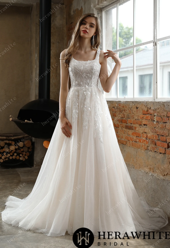 Shimmery Sequined Lace Square Neckline Wedding Dress – TulleLux Bridal  Crowns & Accessories