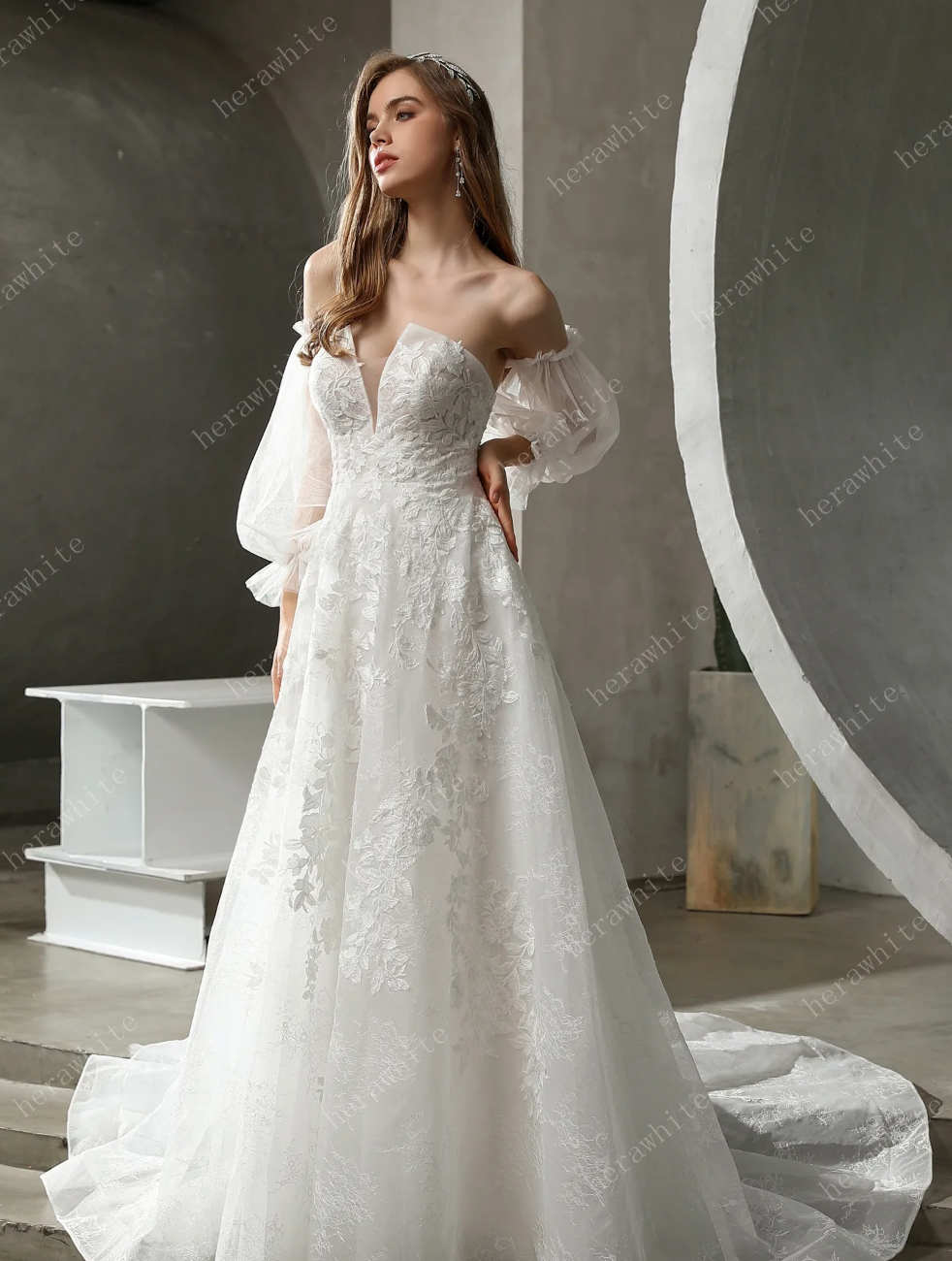 Floral Lace Plunging V-Neck Bridal Gown with Flutter Sleeves – TulleLux  Bridal Crowns & Accessories