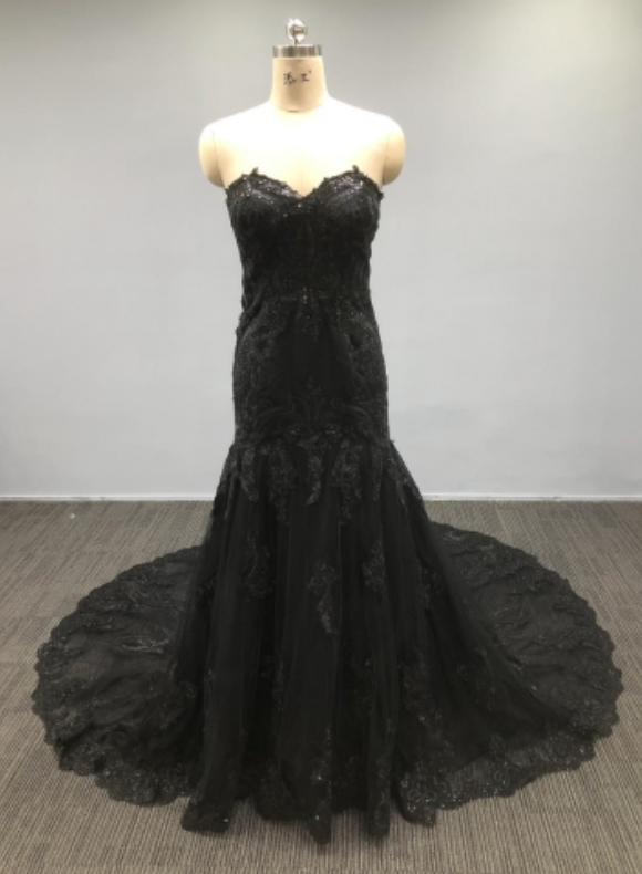 Chic A-line Strapless Applique Lace Black Wedding Dresses MLK0487