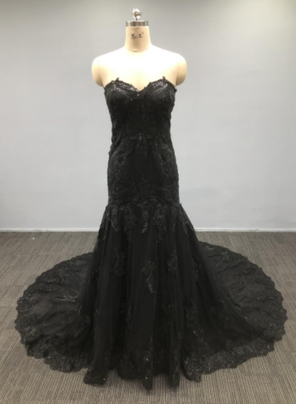 Black A-Line Wedding Dress Strapless Black Applique Sash Tulle Satin Fabric  Wedding Gown – Dbrbridal