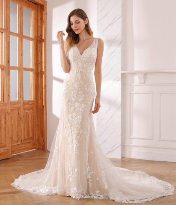 Strapless Satin Lace Deep V Mermaid Wedding Bridal Gown – TulleLux Bridal  Crowns & Accessories