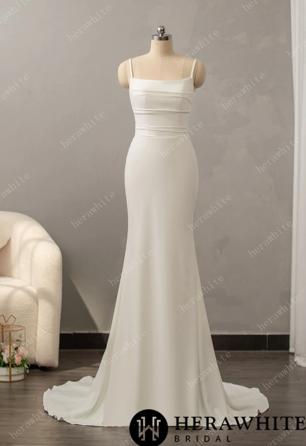 Square Neck Crepe Fit And Flare Wedding Dress With Tulle Bishop