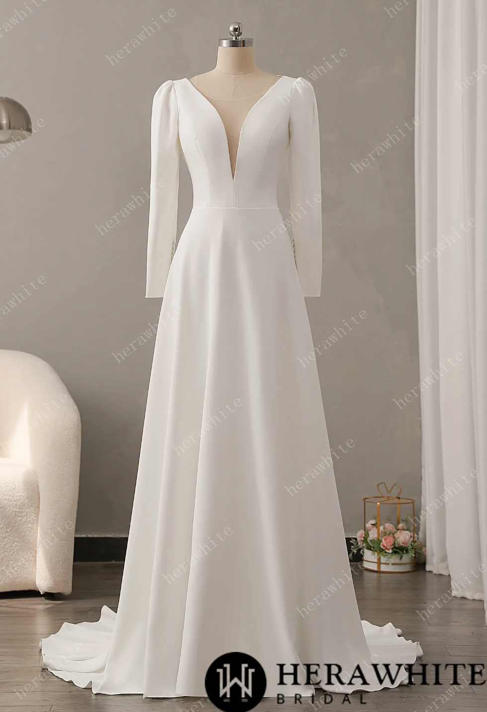 Crepe Wedding Dress with Detachable Tulle Sleeves - Style #M2476