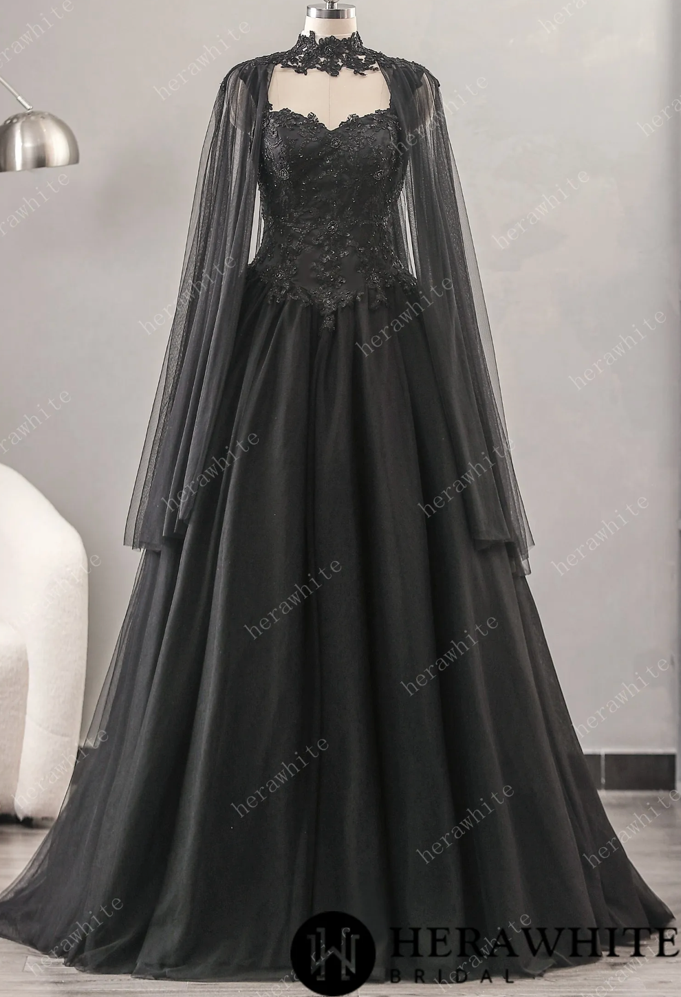 Relaxed A-Line Black Wedding Dress With Detachable Cape – TulleLux ...