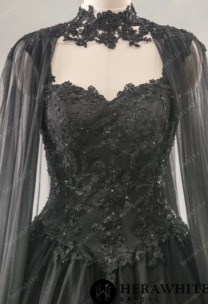 Relaxed A-Line Black Wedding Dress With Detachable Cape – TulleLux ...