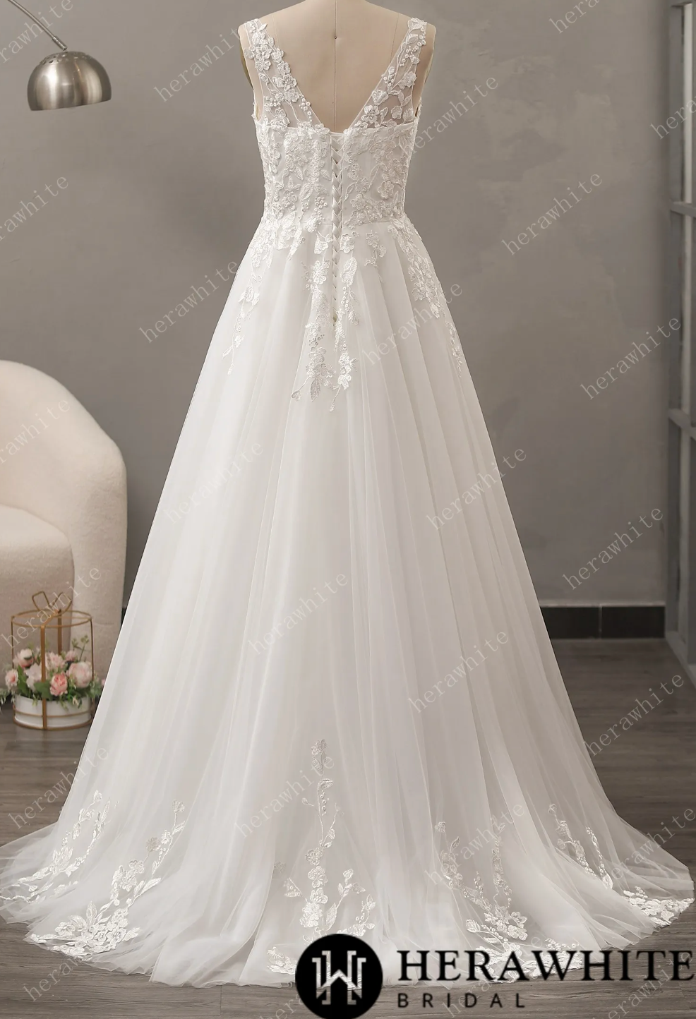 Square Neckline Wedding Dress with Delicate Leafy Lace – TulleLux Bridal  Crowns & Accessories