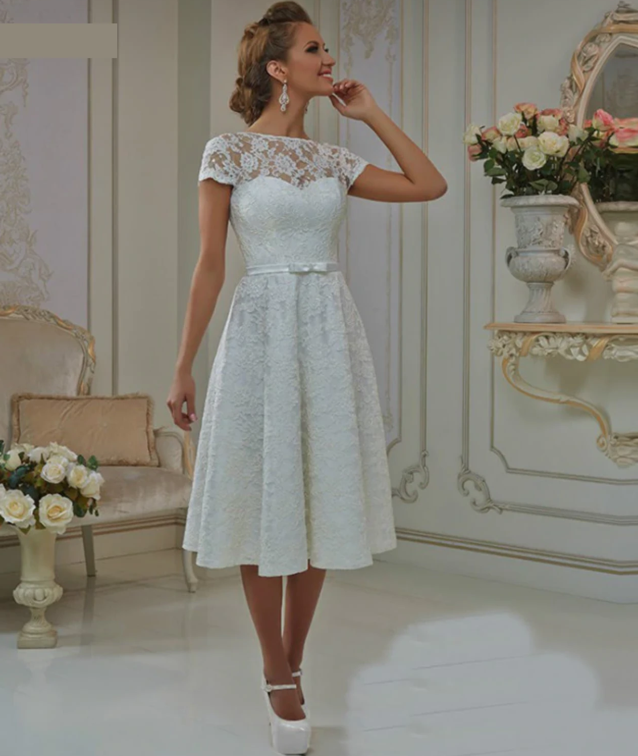 Tea Length Wedding Dress with Cap Sleeves A Line Bow & Sash